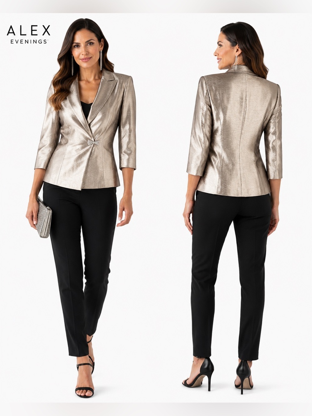 Alex Evenings Champagne Metallic Rhinestone Clasp Blazer Jacket Size 8 Evening